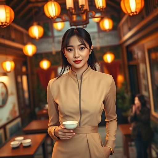 茶肆内温馨的灯光与茶具摆设
