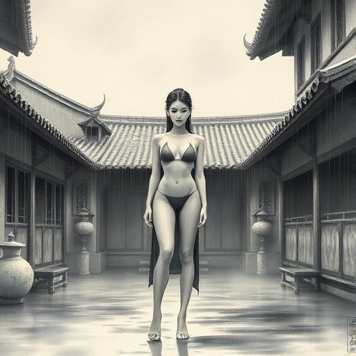 雨中茶肆庭院的诗意画面