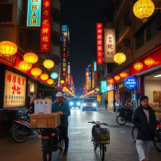 广州天河夜晚的品茶外卖配送场景