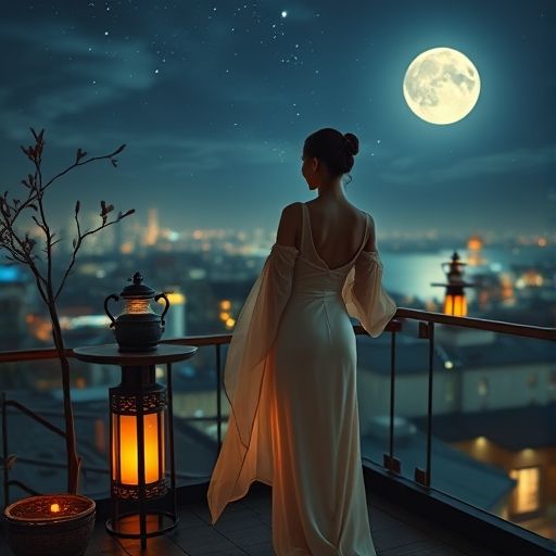 夜晚露台品茶的浪漫场景