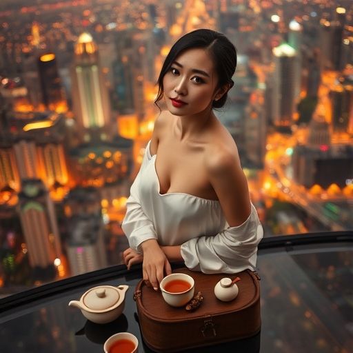 夜晚城市灯光下的茶具摆设