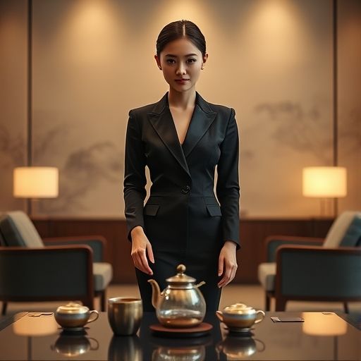 西装革履的客户与茶艺师互动