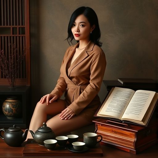 一套精致的茶具和古籍 营造出宁静的学习氛围