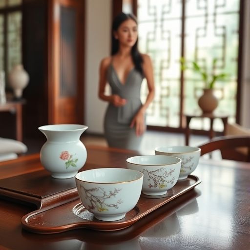 一套精致的茶具摆放在茶桌上