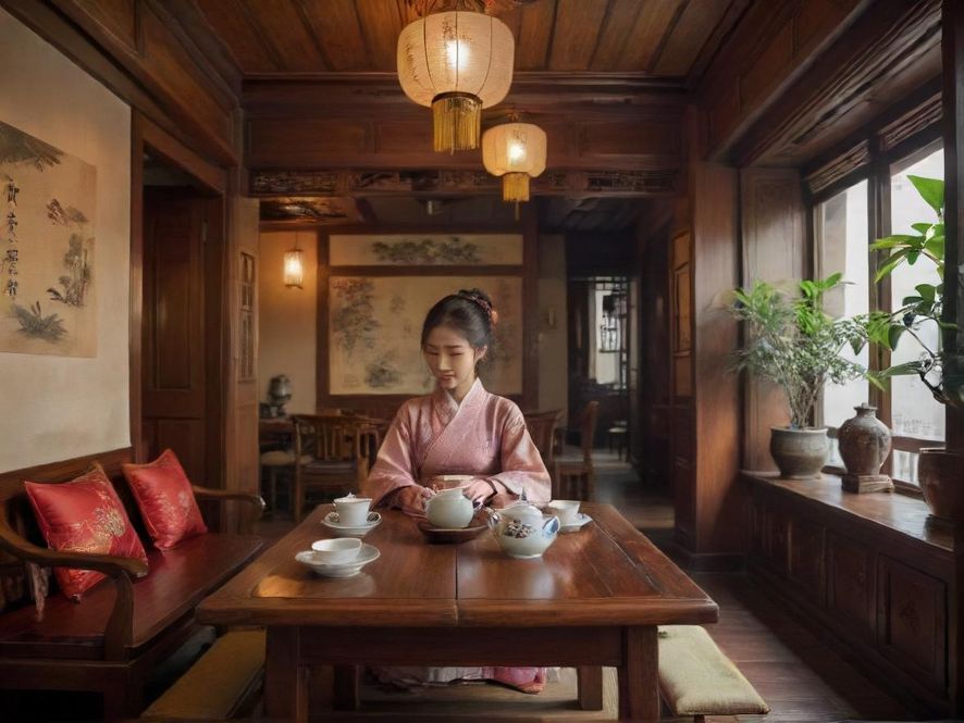 广州传统茶馆一角，古色古香，宁静致远。