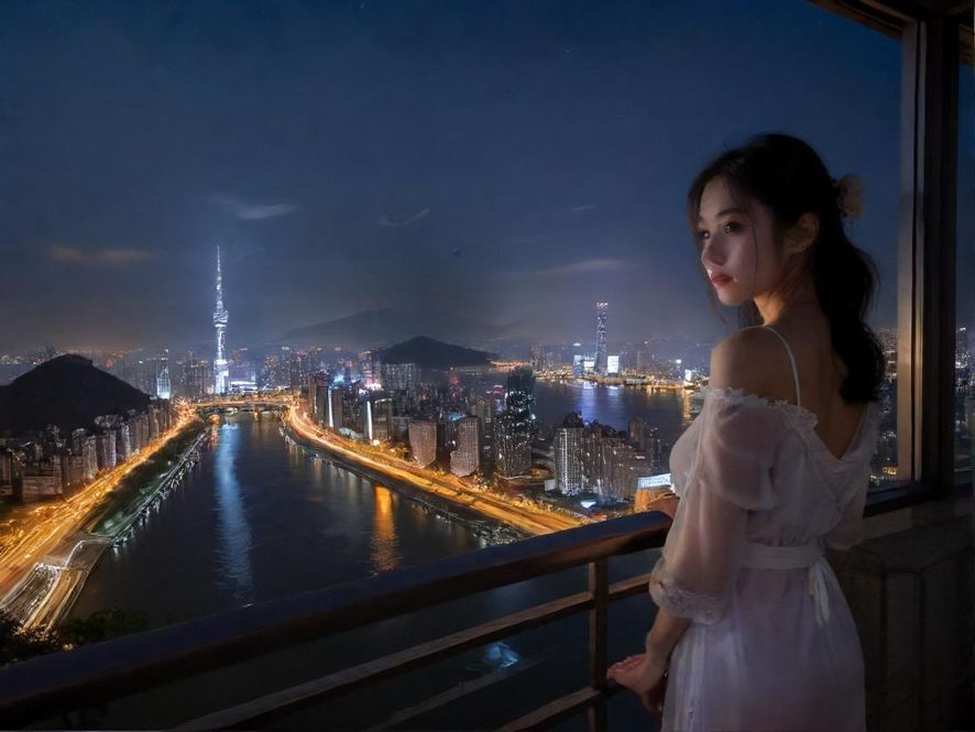手机屏幕上的广州蒲典界面，背景是都市夜景