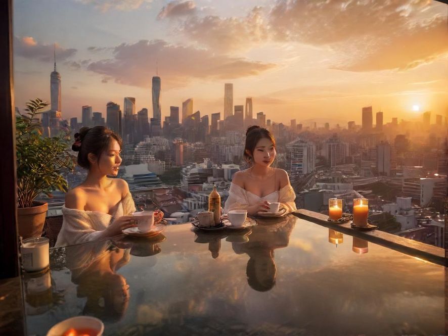 在夕阳余晖下，一个充满温馨感的露天茶座，桌上摆放着精致的饮品，远处是朦胧的都市天际线，营造出放松惬意的氛围。