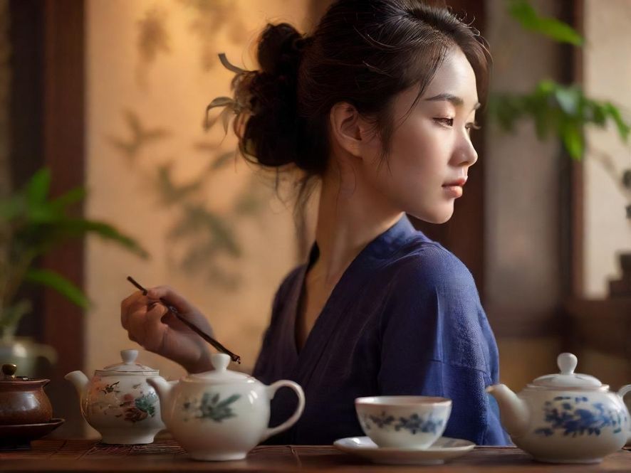 一位身着雅致服饰的茶艺师，在柔和的灯光下，专注地进行着茶道表演，茶室布置温馨雅致。