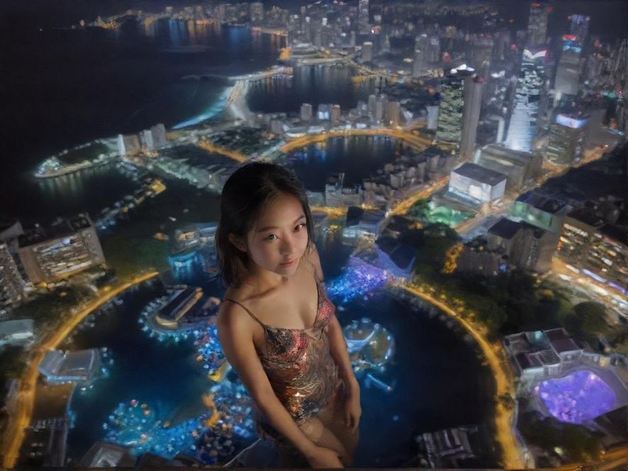 一位都市人站在高楼林立的城市中，抬头仰望，寻求片刻的宁静。