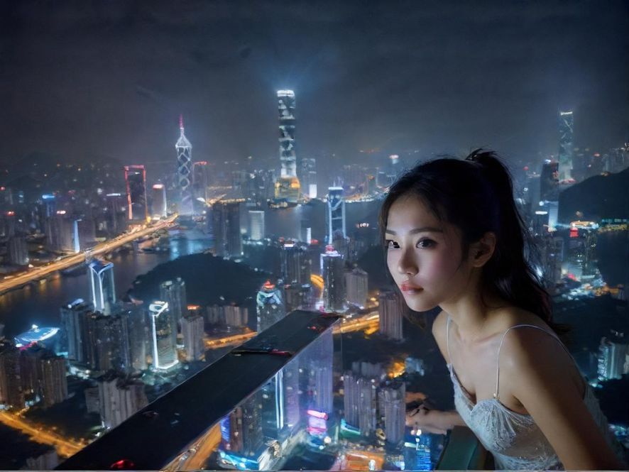 深圳璀璨的夜景，高楼林立，霓虹灯光勾勒出都市的脉搏，充满活力与神秘感。