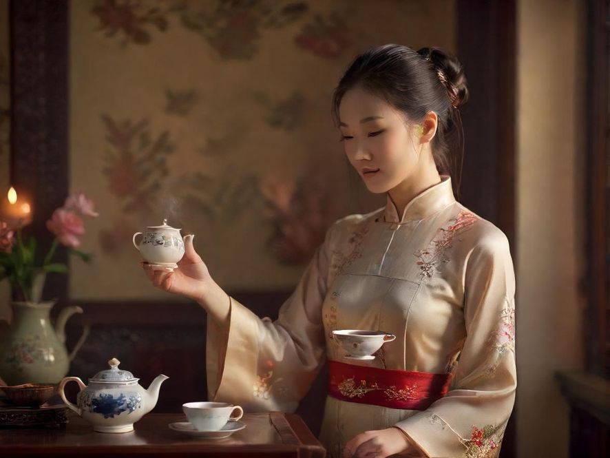 一位气质优雅的服务人员在进行茶艺展示