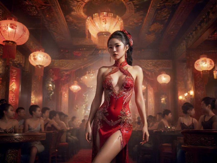一家高端夜总会内部，装饰华丽，五光十色的动感灯光照亮舞池，人们在音乐声中尽情欢笑。