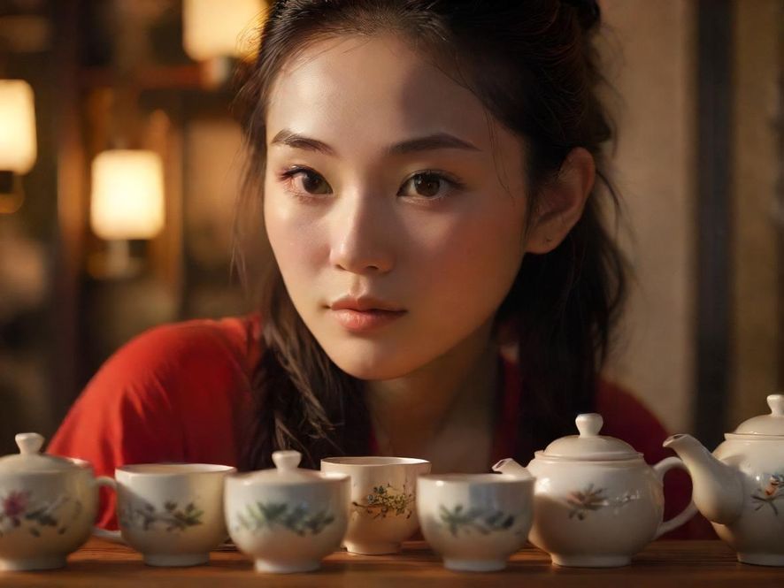一位专业的茶艺师正在专注地进行茶道表演，光影交错，茶具精致。