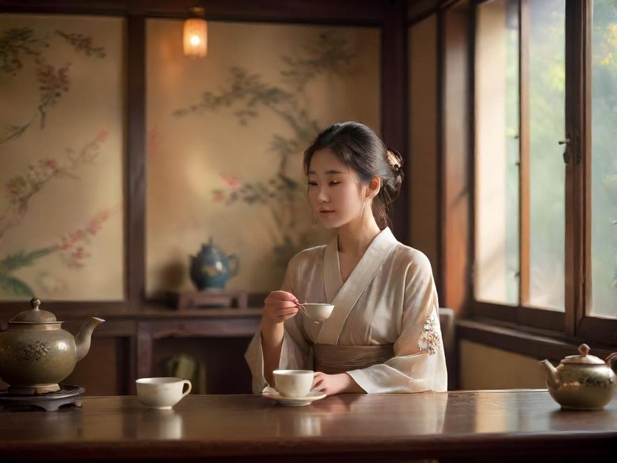 一位气质优雅的女士在古典茶室中静心品茶，光线柔和，氛围温馨。