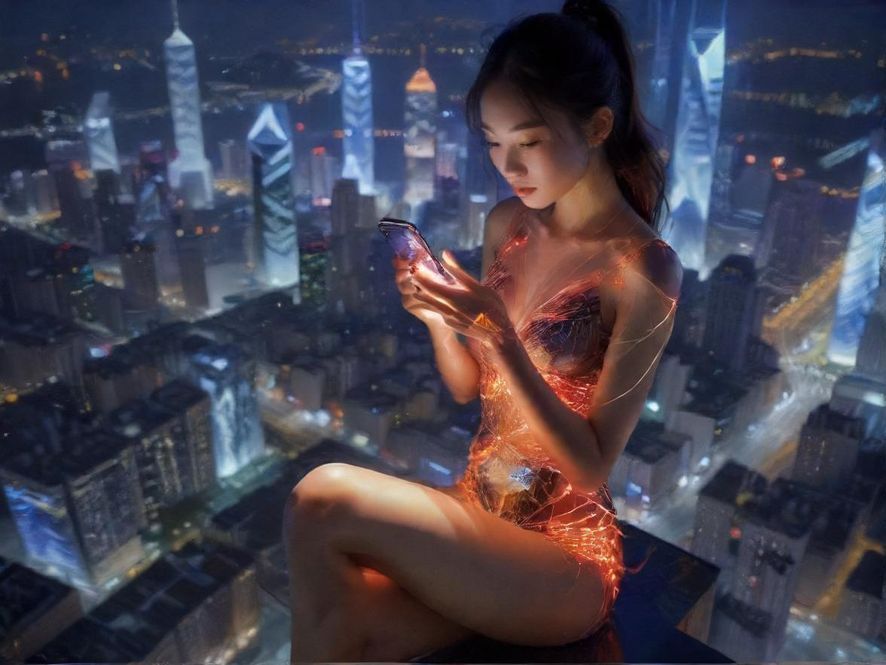 一个年轻人在夜晚的城市背景下专注地浏览手机屏幕，屏幕上隐约可见论坛界面