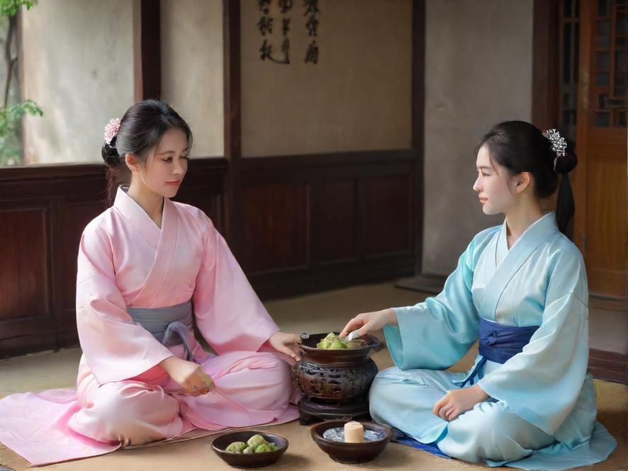 一个充满东方韵味的精致茶室内部，光线柔和，氛围宁静，象征着通过资源导航找到了理想的休闲场所。