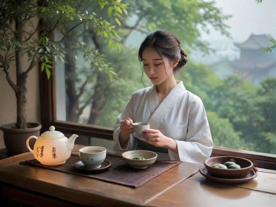 一位气质优雅的都市女性，在温馨的茶室里，轻呷一口香茗，享受片刻的宁静与放松。