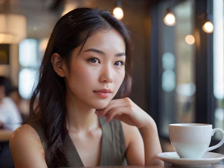 一位优雅的女性，手持精致茶杯，与友人轻松交谈，背景是现代简约风格的咖啡馆，氛围温馨而放松。