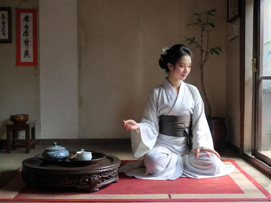 上海蒲犬马之家内部，一间充满中式奢华风格的茶室，宽敞的广角视角展现了其宁静雅致的氛围，光线柔和，茶具精美，仿佛能闻到淡淡茶香。