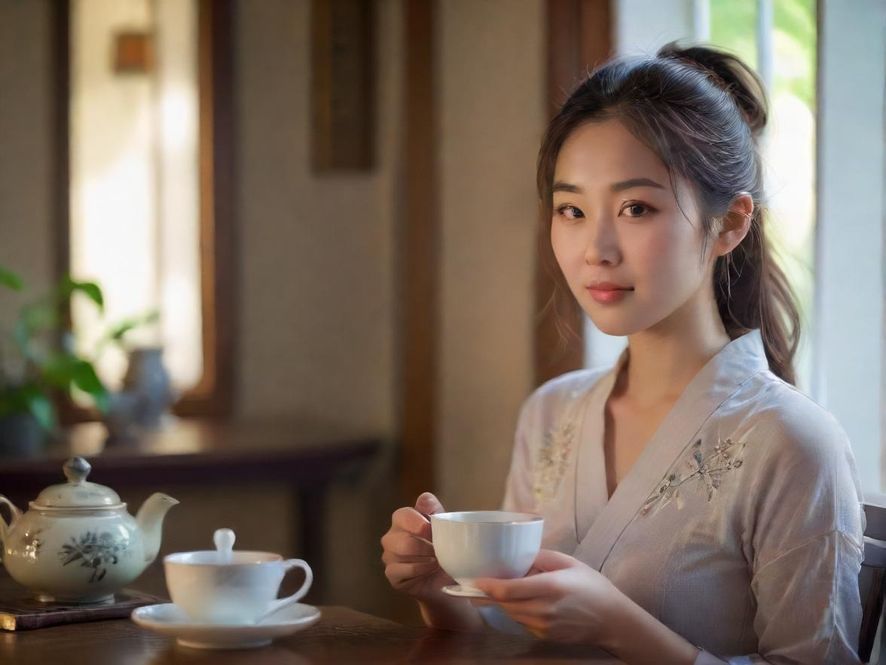 一位气质优雅的茶艺师正在进行茶道表演，茶香四溢，氛围宁静。