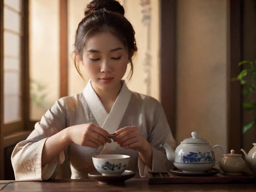 一位气质优雅的女性在雅致茶室中专注于茶道，展现东方文化的魅力