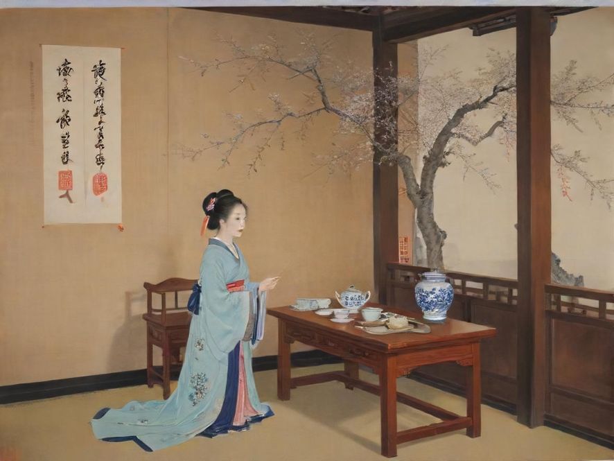 一位身着古典服饰的东方女子，在充满禅意的茶室中，轻柔地品味着香茗，光线透过窗棂，营造出宁静而唯美的氛围，仿佛置身于都市中的一片净土。