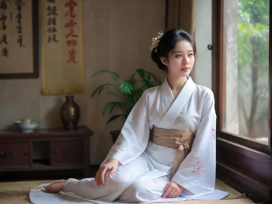 满花楼qm内，一位女性背受到私人定制服务，特写镜头展现艺术摄影风格，宁静茶室背景。