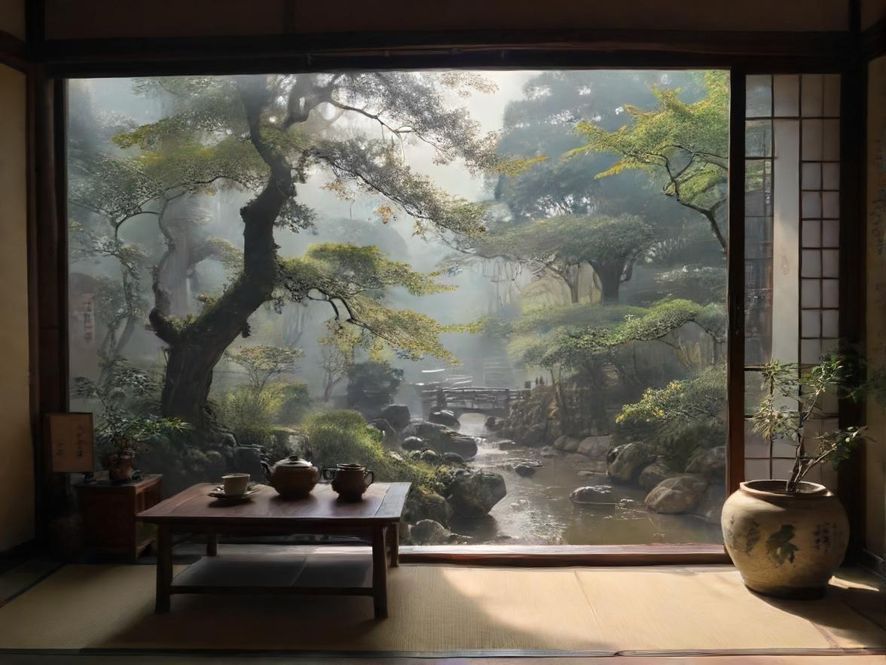 一位都市丽人，面带微笑，纤细的手指轻抚茶杯，目光专注而享受，背景是现代风格的茶馆内景。