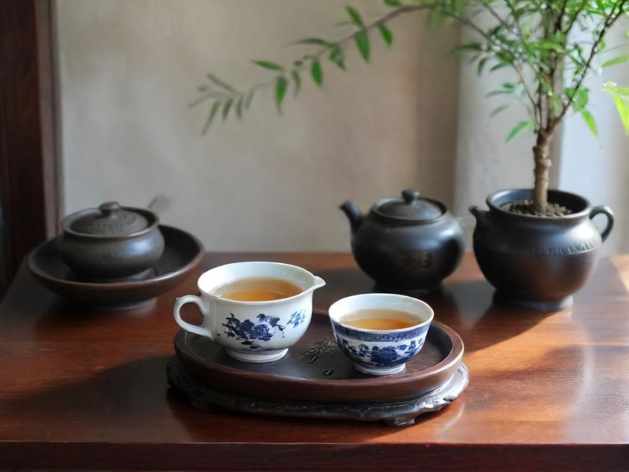 俯瞰广州一处温馨私密的休闲茶室，整体呈现现代中式风格，光线柔和，布置雅致，营造出宁静放松的氛围。